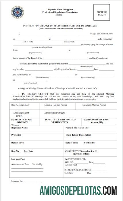 Certificado de alteração de nome da Comissão de Regulamentação Profissional das Filipinas amostra